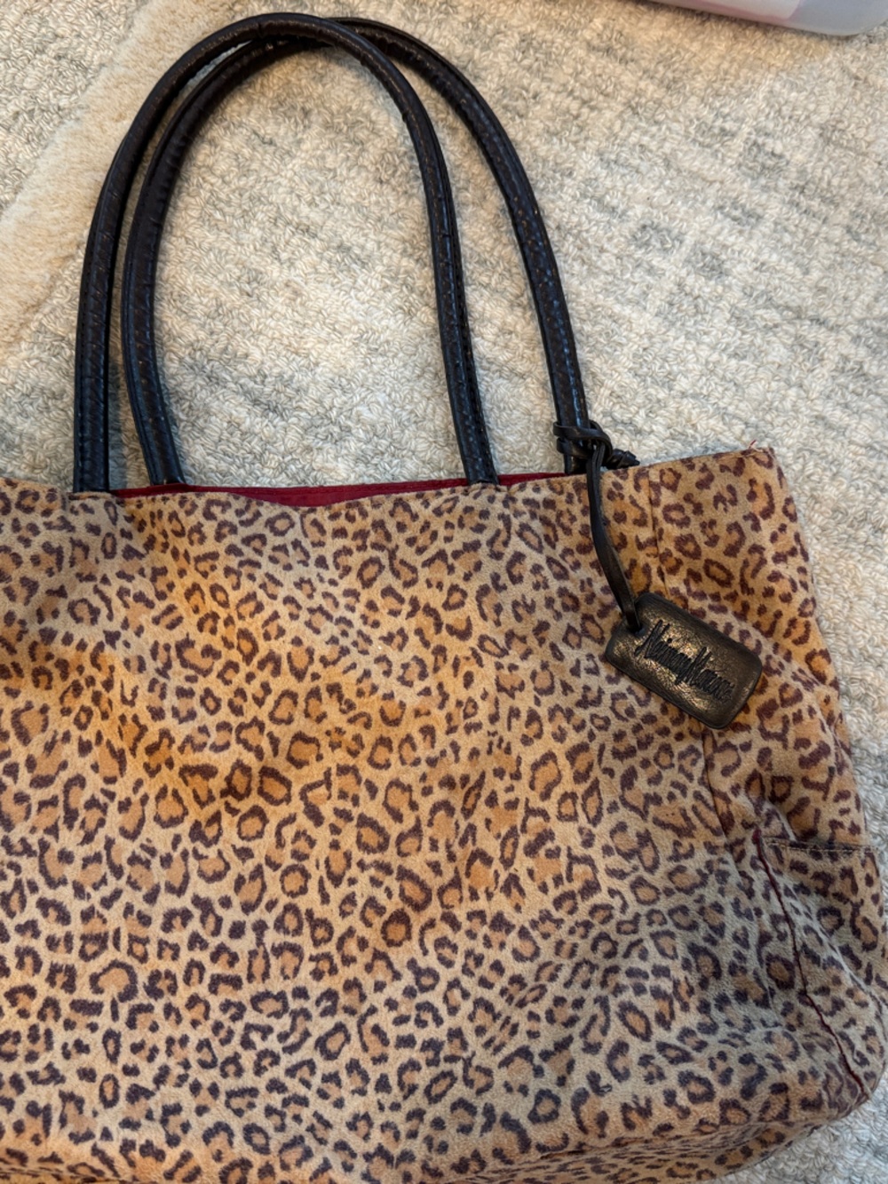 Neiman Marcus Leopard-Print Tote with Black Handles and Red Trim